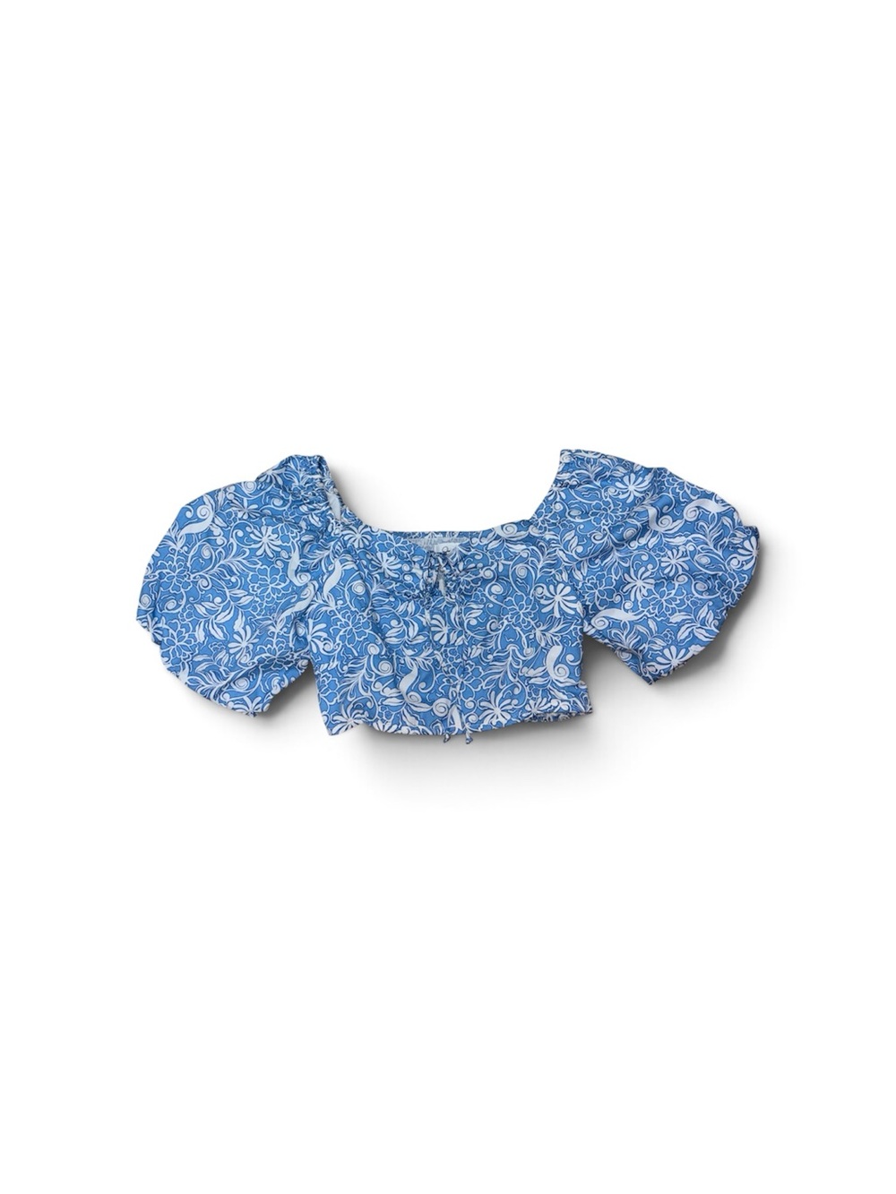 Japna Blue and White Floral Puff-Sleeve Crop Top Size Medium